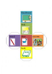 English Worksheet: classroom stationary dice-blackboard desk chair book pencil crayons