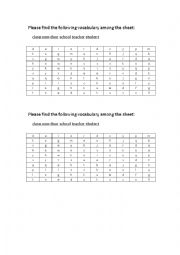 English Worksheet: classroom wordsearch---teacher/student/classroom/school/door