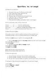 English Worksheet: Quantifiers, too, enough