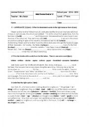 English Worksheet: mid term test n�2 for the 1st form
