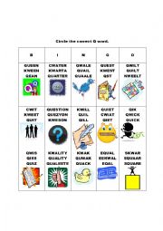 English Worksheet: Words with Q Spelling and Bingo Game