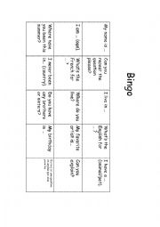 English Worksheet: Bingo