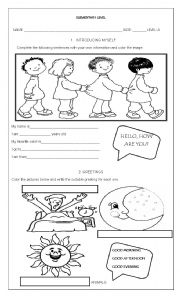 English Worksheet: Introduce yourself, greetings and animals