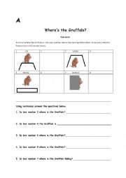 English Worksheet: Gruffalo worksheets & game using prepositions.