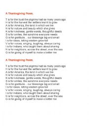 English Worksheet: Thanksgiving Poem