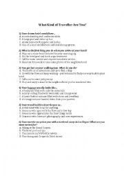 English Worksheet: What Kind of Traveller Are You?  Quiz and discussion questions.