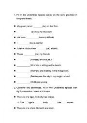 English Worksheet: Practice exercises for Verb BE and Possessive Forms