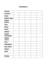 English Worksheet: scattergories