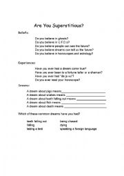 English Worksheet: Superstitions Beliefs and Dreams