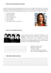 English Worksheet: Reading Comprehension about Singers and Bands around the world.