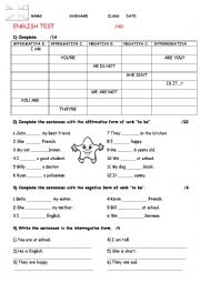 English Worksheet: Verb TO BE test