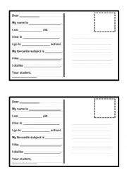 English Worksheet: First Lesson Introduction Postcard Writing Activity