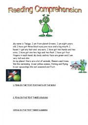 English Worksheet:  Twiggy the E.T a reading comprehension