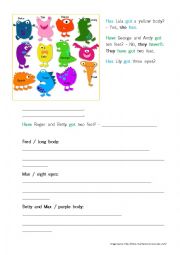 English Worksheet: Have got Has got Monster Party