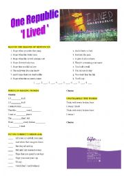 English Worksheet: oNE rEPUBLIC  I LIVED; 