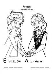 English Worksheet: Alphabet Frozen Movie E for Elsa and A for Anna