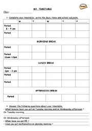 English Worksheet: My timetable