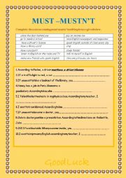 English Worksheet: Must - Mustnt