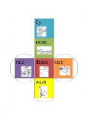 English Worksheet: action verb dice-fly swim dance wash ride kick 2