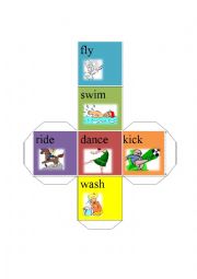 English Worksheet: action verb dice-fly swim dance wash ride kick