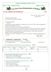 English Worksheet: first term exam -first year- secondary school 
