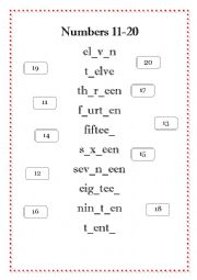 English Worksheet: Numbers 11 to 20