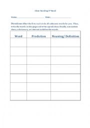 English Worksheet: Close Reading Vocabulary 1st Read