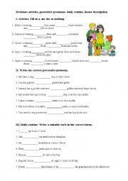 English Worksheet: Revision - articles, possessive pronouns, daily routine, house description