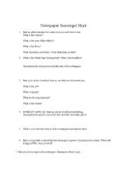 English Worksheet: Newspaper Scavenger Hunt