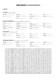 Vocabulary Wordsearch (toys, food and drinks, colours, school objects)