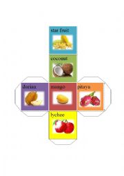 English Worksheet: fruit dice-star fruit coconut mango lychee pitaya durian
