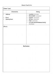 Master Food Critic worksheet form