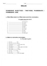 English Worksheet: POSSESSIVE ADJECTIVES / THIS-THESE, POSSESSIVES / POSSESSIVE  CASE