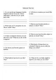 English Worksheet: Student Interest Survey