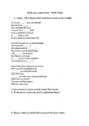 English Worksheet: Pink Floyd - Wish You Were Here lyrics exercise