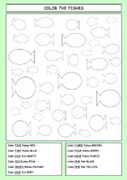 English Worksheet: COLOR THE FISHES 