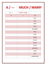 English Worksheet: much, many, a
