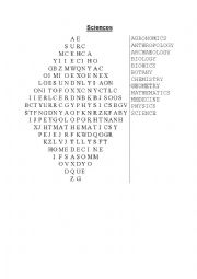 Wordsearch about sciences