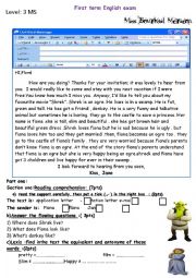 English Worksheet: shrek test  3 MS