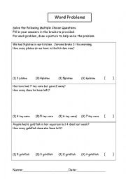 English Worksheet: Word Problem - Subtraction