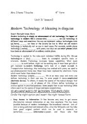 English Worksheet: Unit 3/Lesson 2:technology :a blessing in disguise