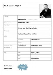 English Worksheet: Martin Luther King Day Pairwork