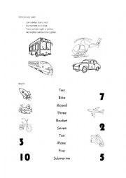 English Worksheet: Means of transport, numbers 1-10 and colours