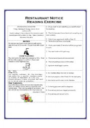 English Worksheet: Restaurant Notice Reading Exericse PET Style