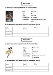 English Worksheet:  	Superheroes Identity Pairwork / Role Play 1 and abilities (can / cant) 2/3
