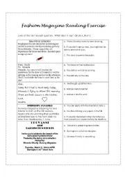 English Worksheet: Fashion Magazine PET Style Reading Exercise