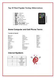 English Worksheet: Internet and cell phone terms; Texting abbreviations