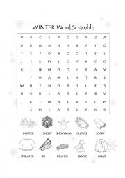 English Worksheet: Winter Word Scramble