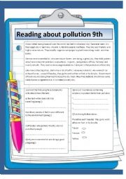 English Worksheet: Reading about pollution 9th