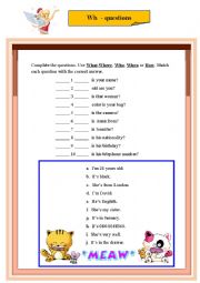 English Worksheet: Wh-Questions